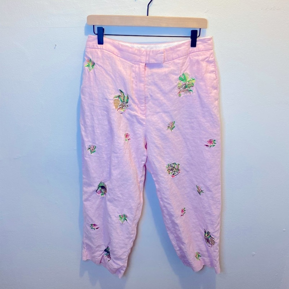 Rosanna Pink Linen Embroidered Monkey/Palm Tree Pants